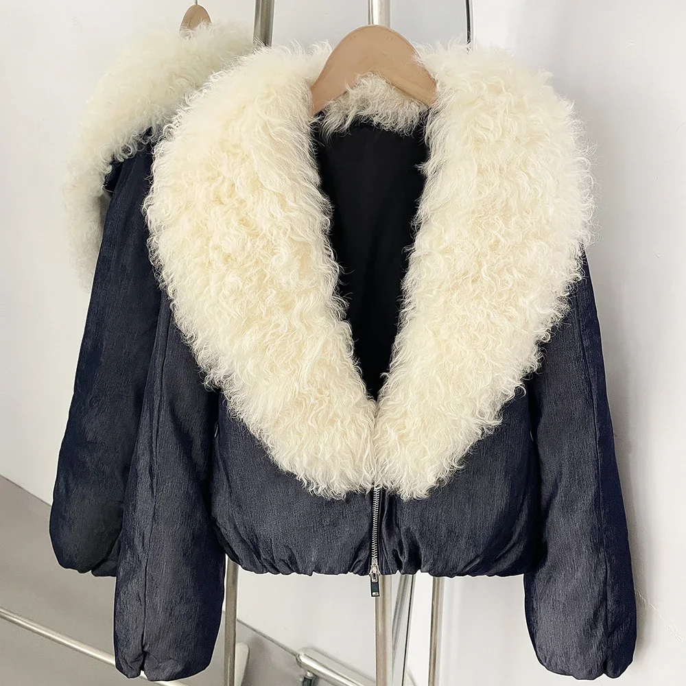 OFTBUY Glänzende Daunenjacke mit Reißverschluss für Damen, warme Winteroberbekleidung, Mantel mit echtem Lammfellkragen, kurzer, lockerer Puffermantel für Damen – Detail 5
