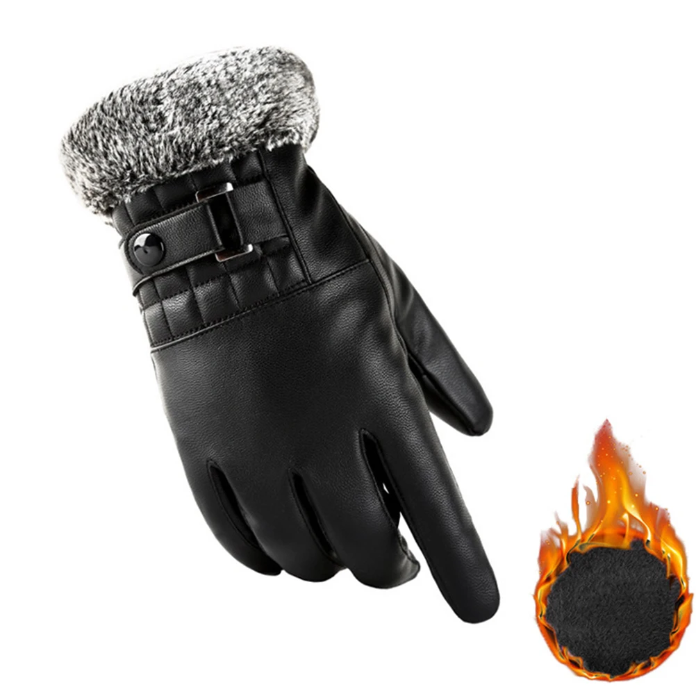 

Creative PU Gloves Thick Warm Windproof Touch Screen Cold Proof for Driving Cycling Motorcycle Camping Black Free Size