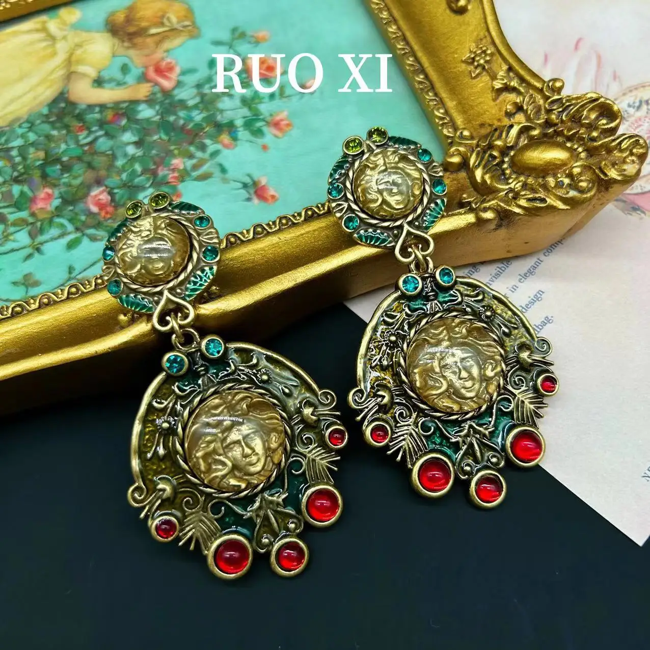 Mid-Ancient Vintage Western Antique Vintage Court Style Avatar Tassel Enamel Glaze Standard Gold Plated Earrings