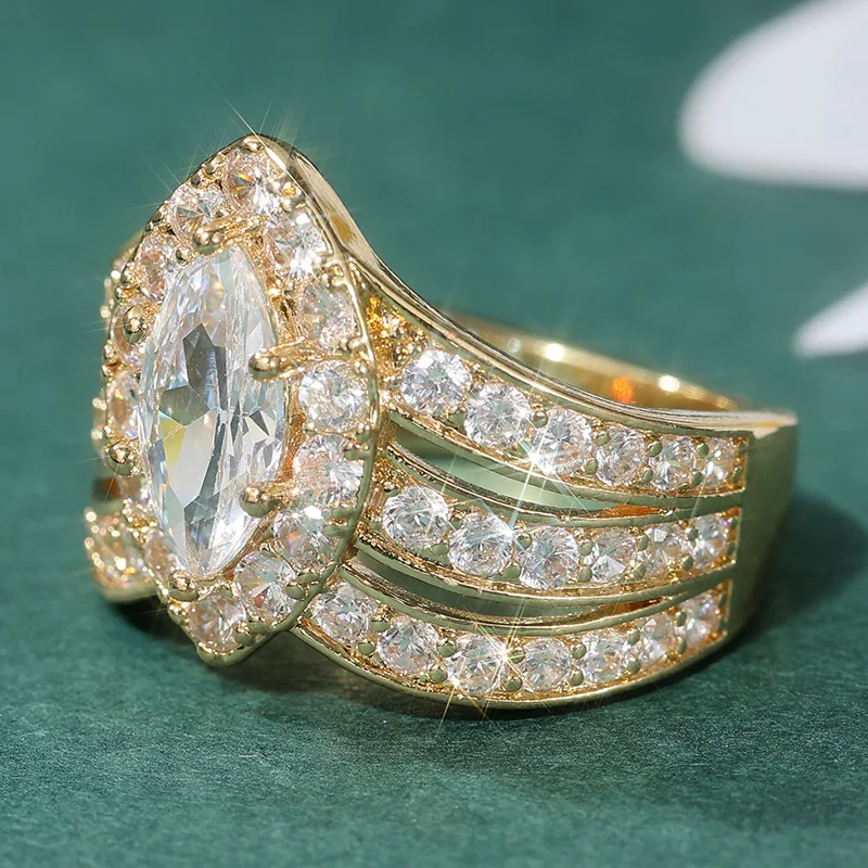 Modischer goldfarbener, mit weißen CZ-Steinen besetzter Damenring, geometrischer Schmuck für den täglichen Gebrauch, Partyschmuck – Detail 2