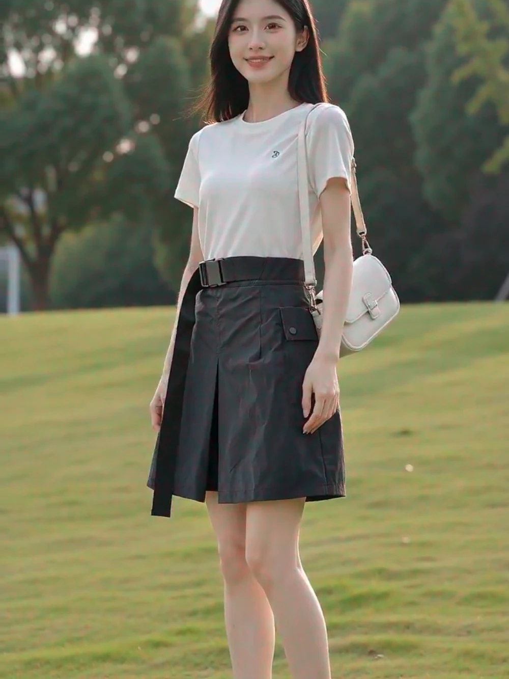 Damen High-Waist A-Linien-Shortsrock mit verstellbarem Gürtel, Seitentaschen & Schlitz am Saum – Schwarzes, vielseitiges Outfit für die legere Bürodame – Detail 6