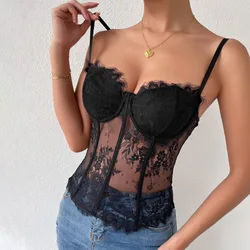 2024 Women's New Semi Transparent  Spice Girl Sexy Black Eyelash Lace See-through Fishbone Slimming Halter Vest Bustier Camisole