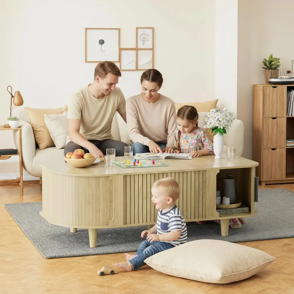 طاولة قهوة بيضاوية قابلة للرفع، طاولة مركزية حديثة لمنتصف القرن مع 3 حجرات مخفية، طاولات قهوة مع رف تخزين مفتوح و