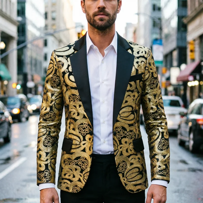 

2026 Fashion Men Gold Jacquard Blazer Single Button Suit Jacket , for Wedding Party Prom Stage Performance, Bar KTV