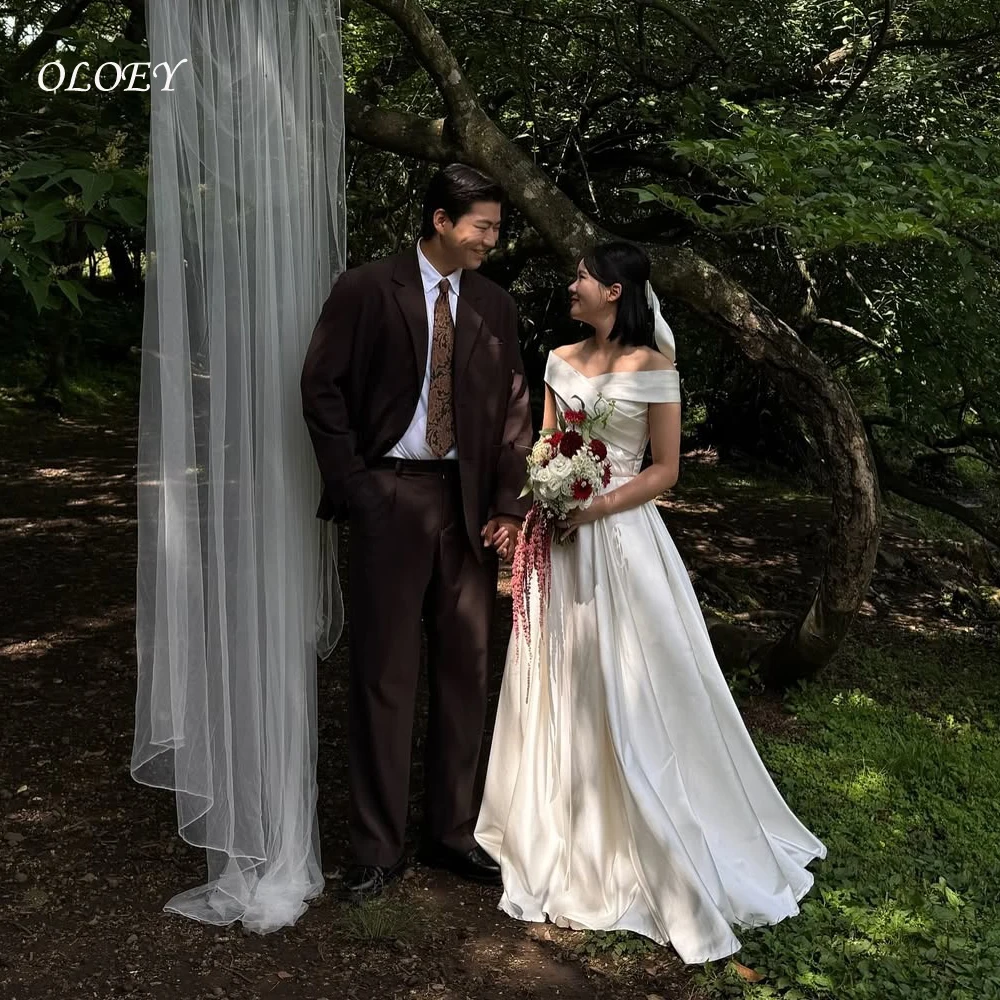 

OLOEY Elegant A-line Women's Wedding Dress New Satin Simple Bridal Dresses Classic Off The Shoulder Long Vestidos De Novia