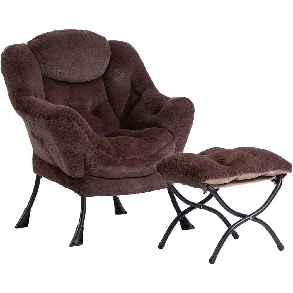

Fabric Lazy Chair with Foldable Ottoman, Accent Comfy Lounge Arm Chair and Folding Footrest Stool Set, Leisure Sofa Re