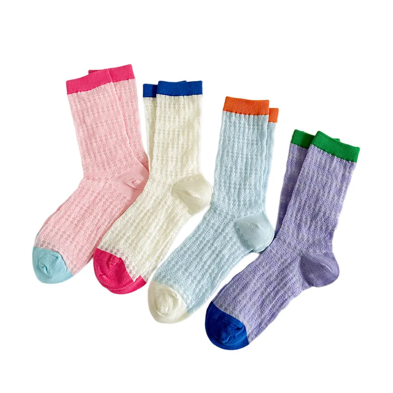 Color blocked pile socks, hollowed out mesh long socks, sweat absorbing cotton socks, mid length socks, women's socks