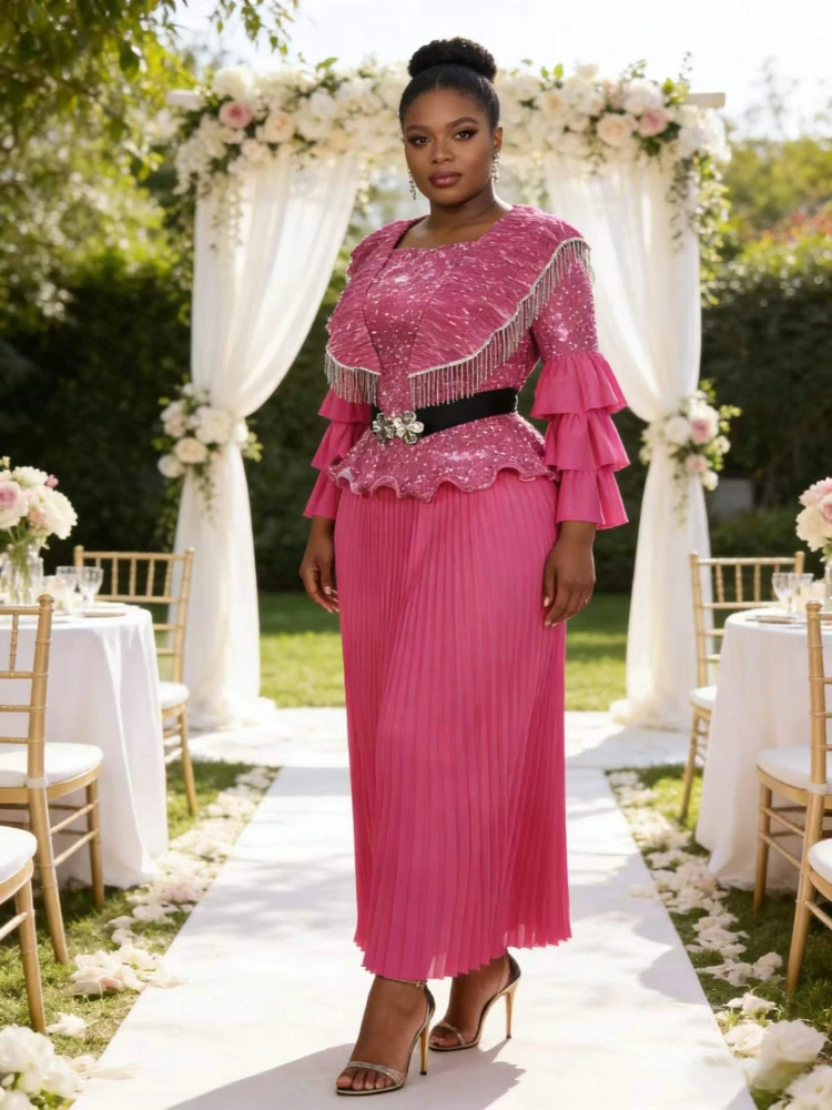 

Комплект африканских вечерних платьев EGRM для женщин: роскошное длинное платье с пайетками, африканская одежда больших размеров, макси-платье с рукавами-рюшами, комплект из 2 предметов 9R61