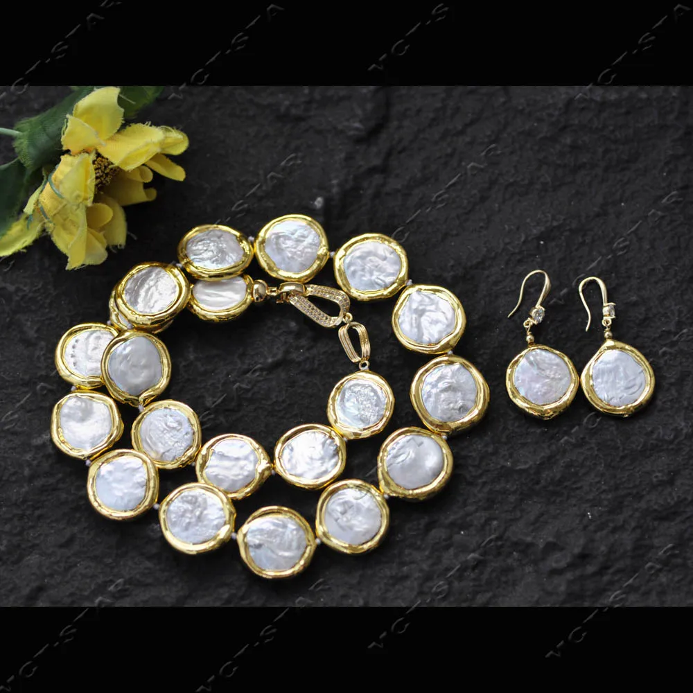 

Z14314 19 "20 мм белая монета пресноводный жемчуг позолота бусина ожерелье серьги CZ