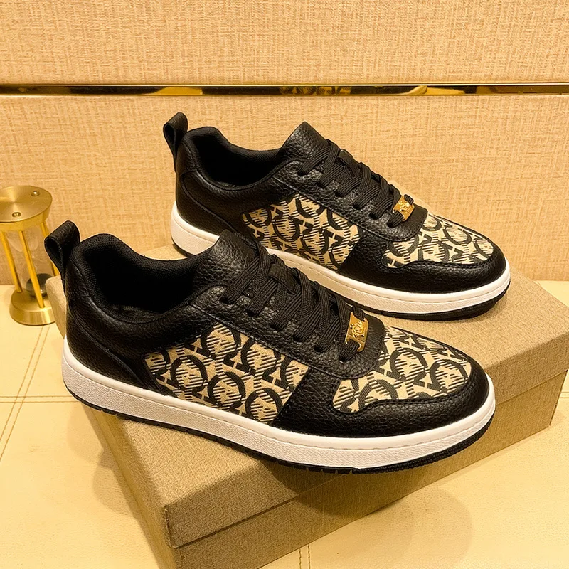 Zapatos casuales de cuero genuino para hombre, zapatos de skate planos con estampado de tendencia de lona, mocasines con cordones para hombre joven