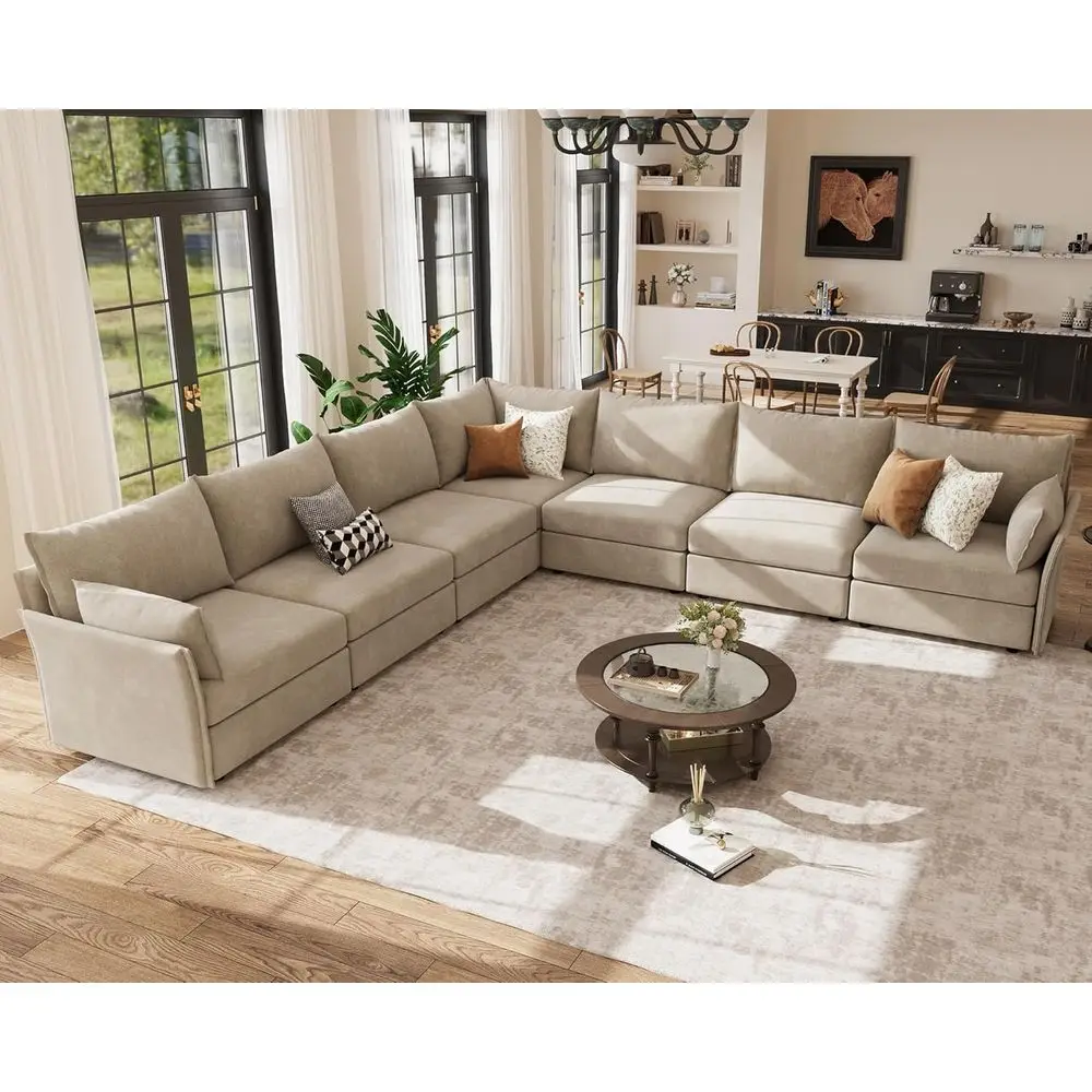 

Oversized L-Shaped Sectional Sofa, 7-Seat Convertible Couch, Deep Seat Beige Chenille Living Room