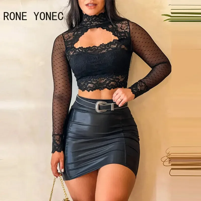 Women Chic Long Sleeves Short Lace Tops Pu Leather Bottom with Belt Button Bodycon Mini Sexy Skirt Sets