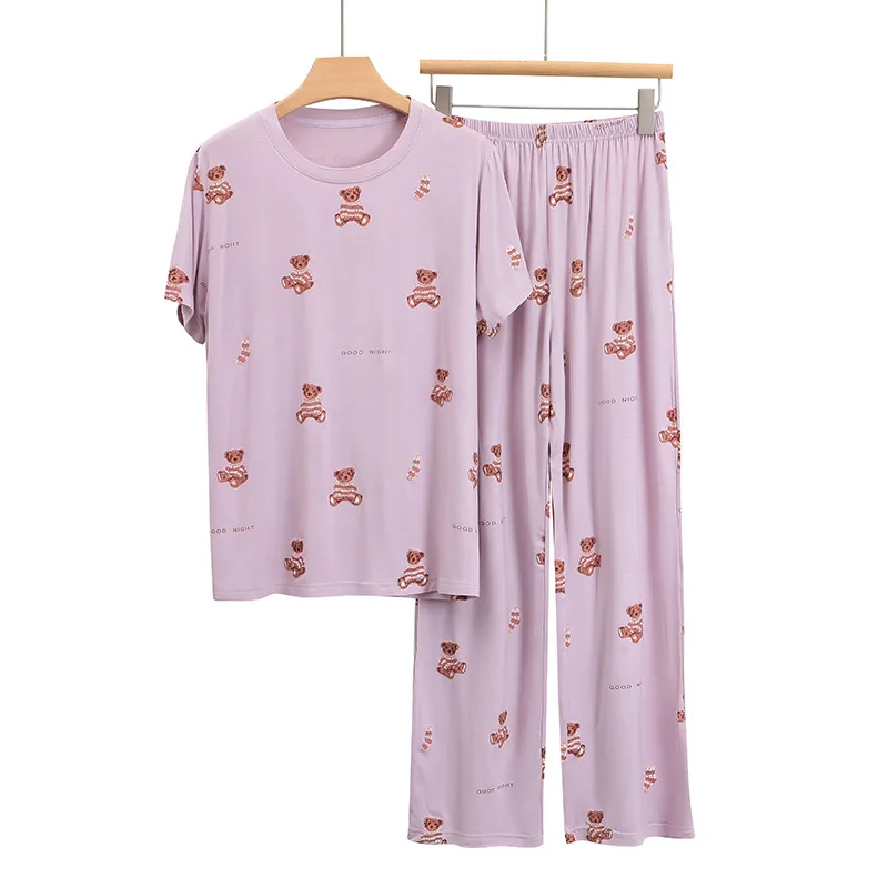 Pijama das mulheres verão Suit Modal Crewneck manga curta Top calças de duas peças Set Bear Cartoon Print Loose Casual Home Clothes