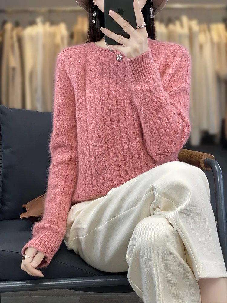 

Autumn Winter Women Pullovers 100% Mink Cashmere Sweater Thick Warm O-Neck Twist Casual Cashmere Knitwear Korean Fashion Tops