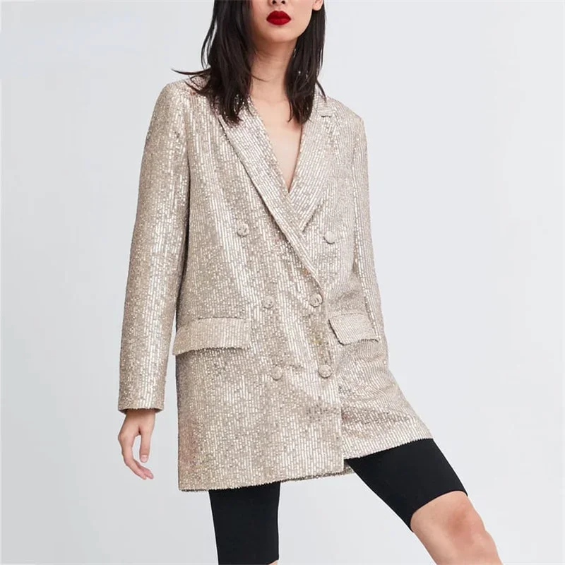 Blazer de lentejuelas con patrón geométrico para mujer, chaqueta femenina con bolsillos brillantes, ropa de abrigo de manga larga, Tops casuales