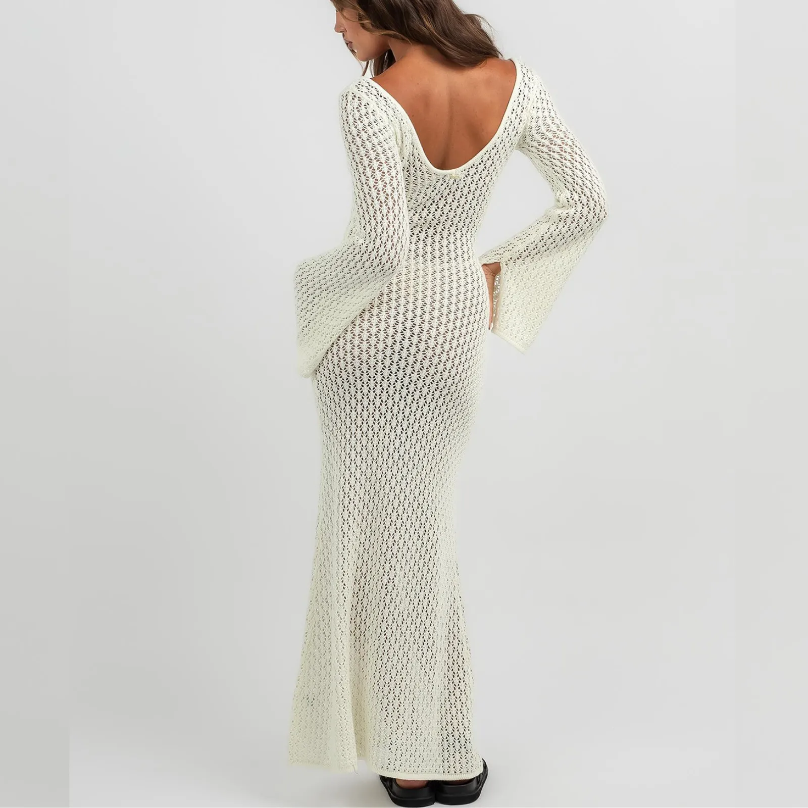 Yiiciovy Women Knitted Long Beach Dress Elegant Slim Fit Bikini Cover-ups Long Sleeve V Neck Tie Up Crochet Tunic Beach Wear