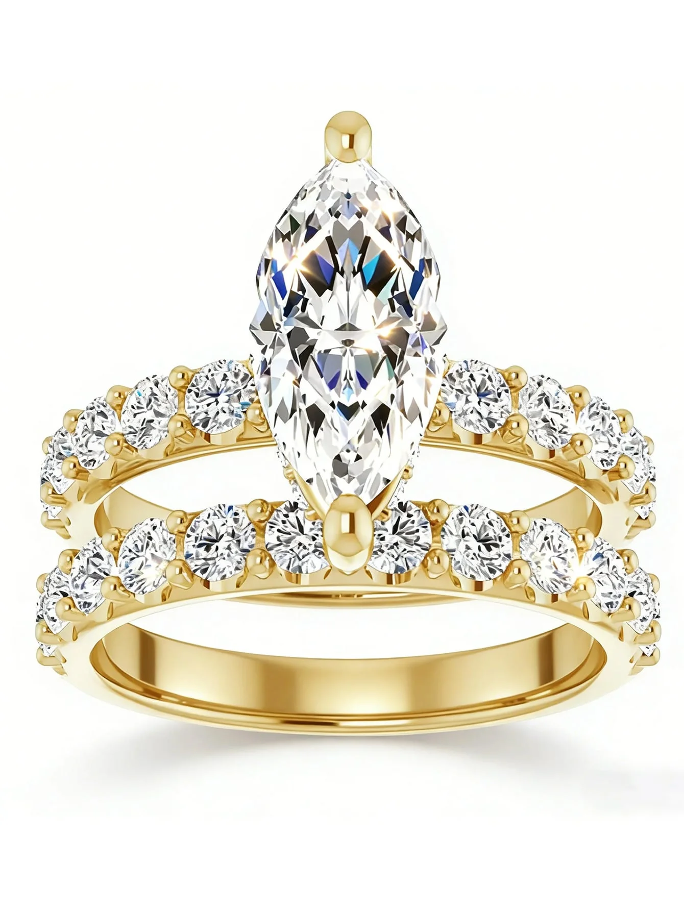 14K Gold Marquise Cut Simulated Diamond Ring Set Gold‑Tone Two‑Piece Wedding Engagement Stackable Rings