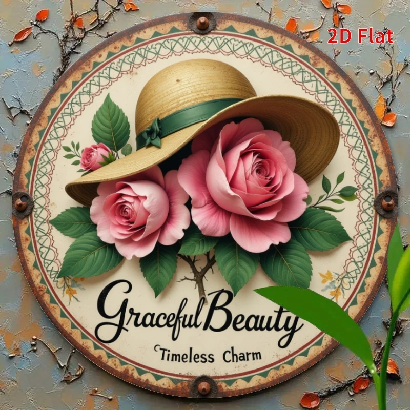 2D Flat, 1pc, Vintage Round Metal Tin Sign- Rose Hat Decoration Classical Painting Theme, Suitable for Vintage Home D Cor and Of
