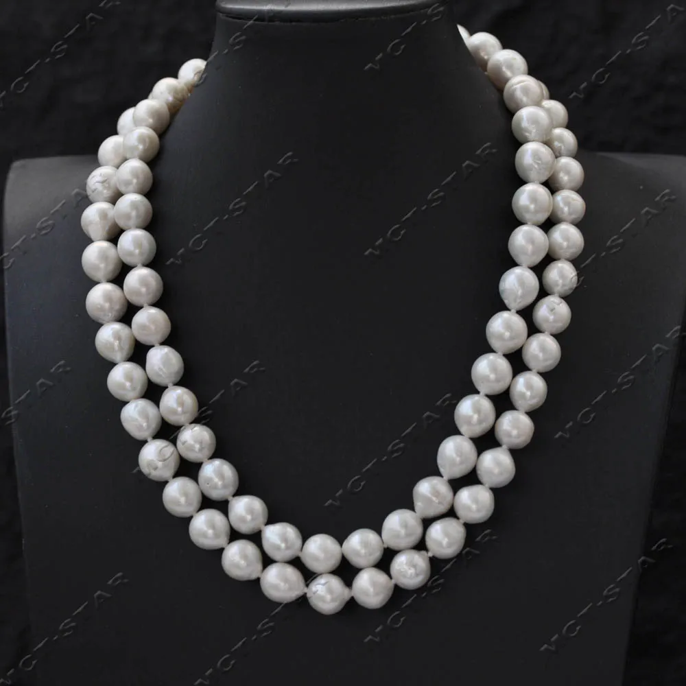 

Z14518 35" 11mm White Almost Round Teardrop Edison KESHI Pearl Necklace Rose CZ