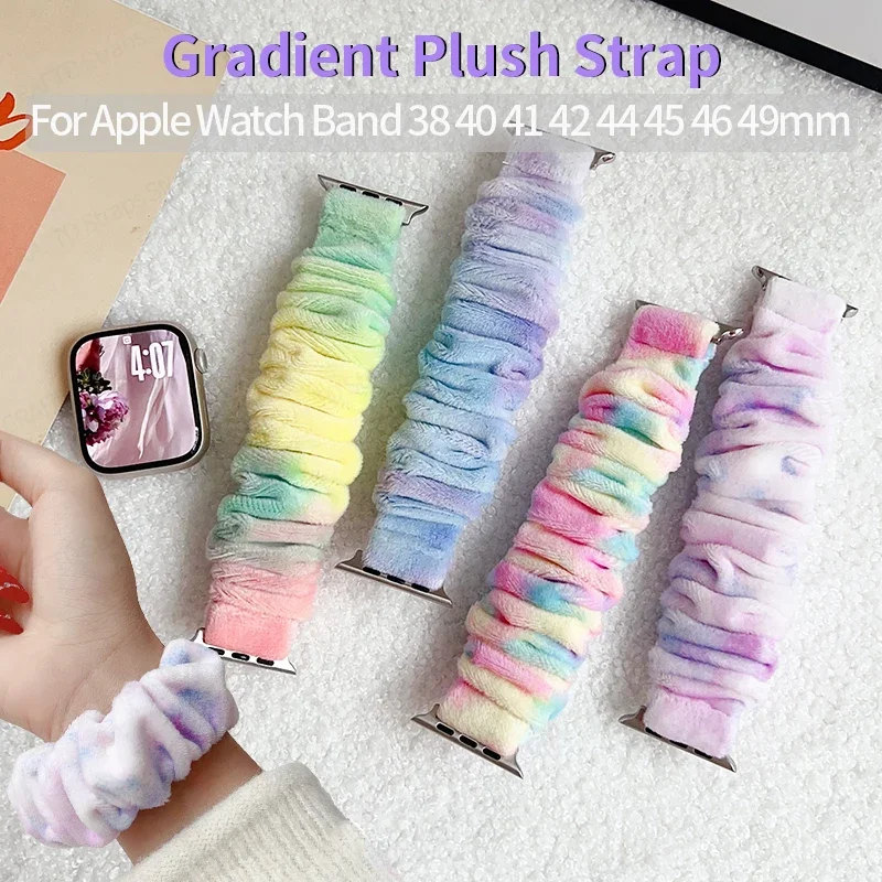 Gradient Color Elastic Scrunchie Strap for Apple Watch Ultra 2 49mm 7 8 41mm 45 Winter Plush Hair Band for Iwatch S10 42mm 46mm