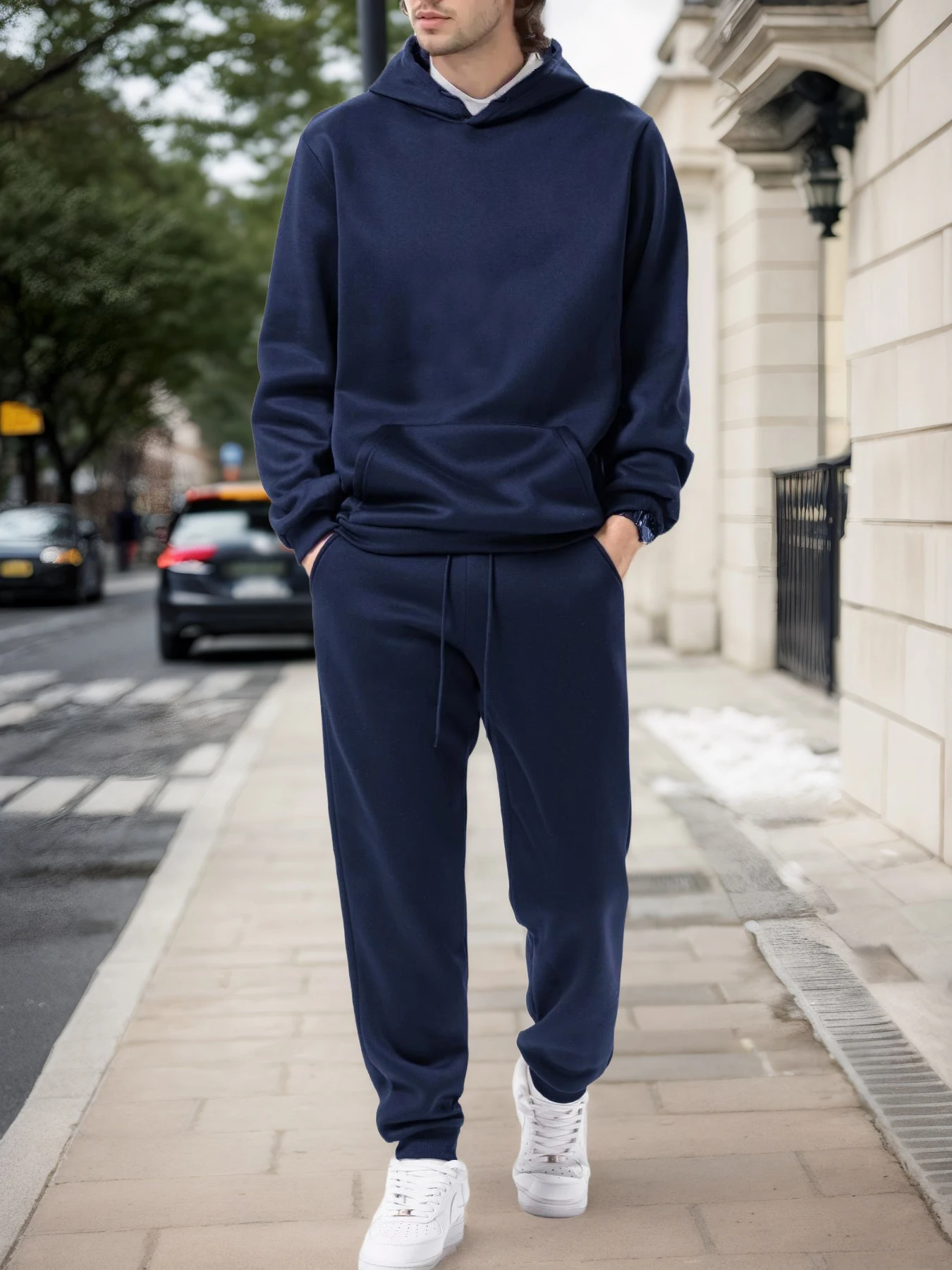 Conjunto de duas peças com capuz de cor sólida masculina com calças de corrida casual roupas esportivas ao ar livre sandálias masculinas outono e inverno