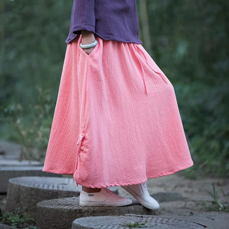 Nuovo 2026 Primavera Autunno donna gonne lunghe in cotone e lino Comode gonne casual morbide con tasche gonne lunghe larghe falda mujer