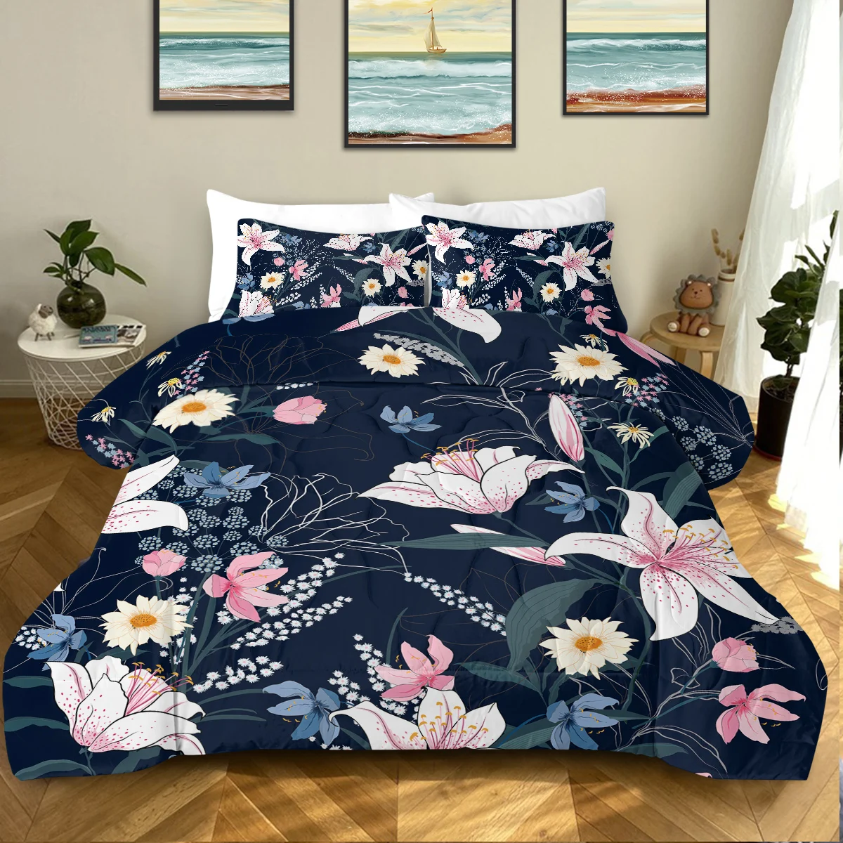 3 Piece Elegant Lilies Printed Comforter Set Different Flowers Design Quilt Set Suitable for All Seasons Home Decor