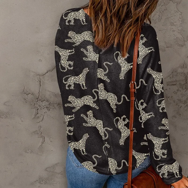 2024 New Women's Loose Leopard T-shirt Cool Girls Black Gold Leopard Tees Indie Clothes Fashion Printed Round Neck Tops NASY0004