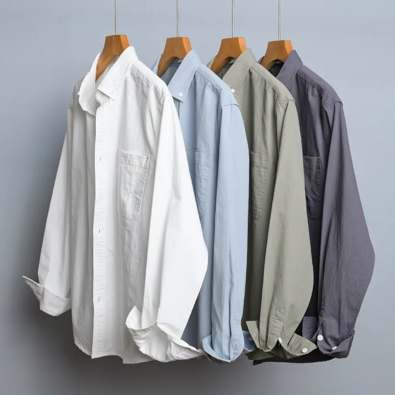 Simple Solid Color 100% Cotton Shirts for Men Clothing Casual Big Pocket Soft Long Sleeve Men Shirts FY3109