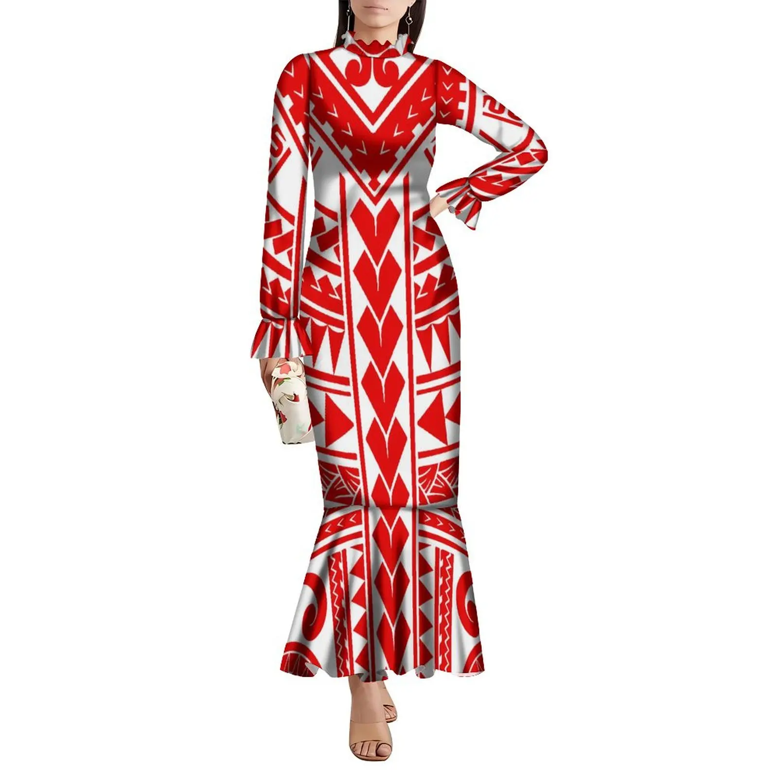 

2025 Women'S High-Neck Long-Sleeved Dress Midi Party Cocktail Cocktail Fishtail Dress Polynesian Island Slim-Fit Maxi Dress