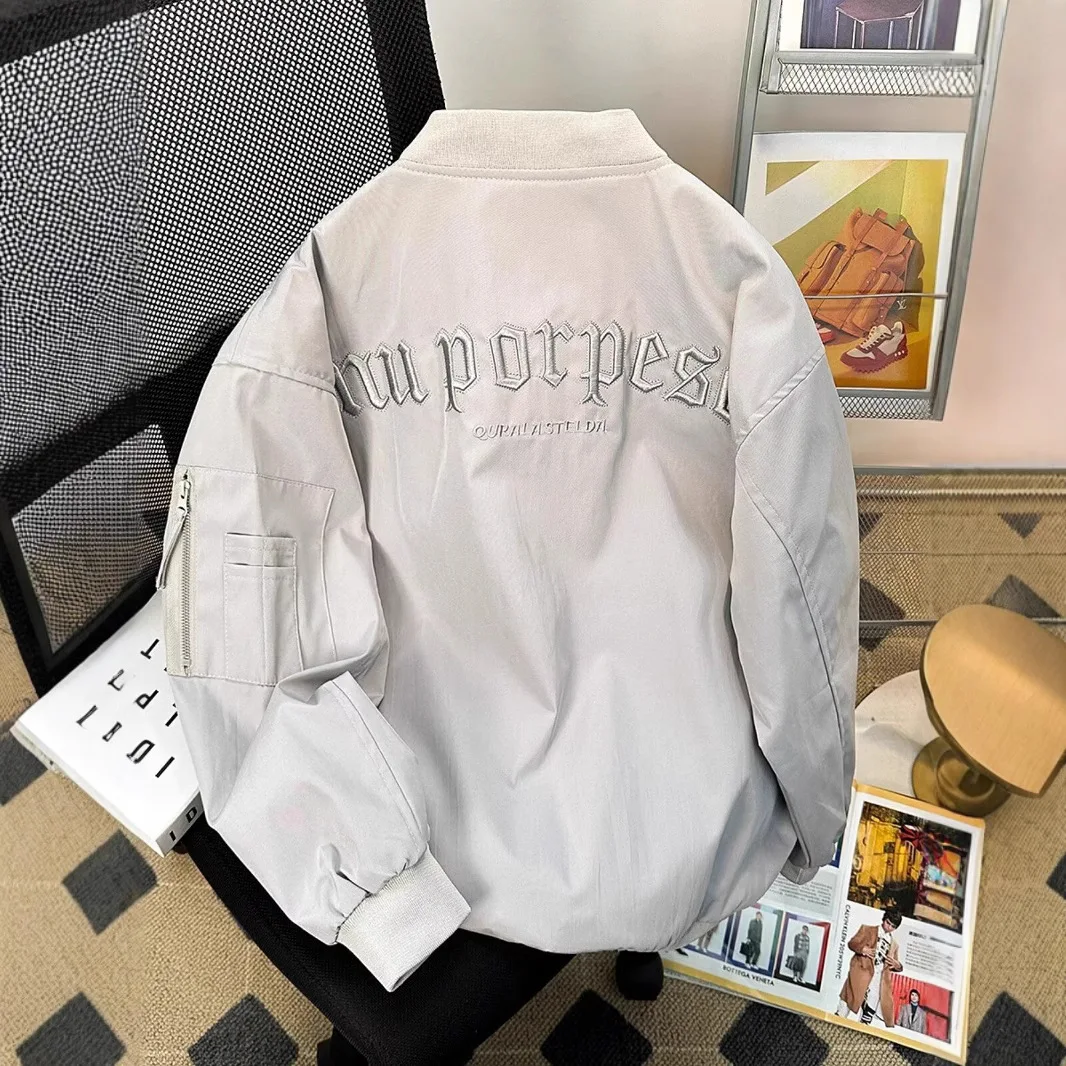 

Letter Embroidery Men's Baseball Jacket Solid Color Zipper Loose Jackets American Retro Fashion Street Style Male Coat