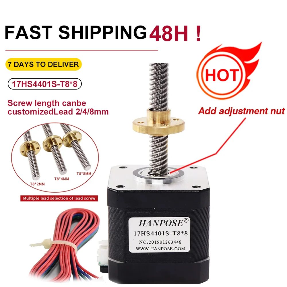Nema17 17HS4401S-T8 Stepper Motor with T8 Screw Lead 2/4/8mm 300mm