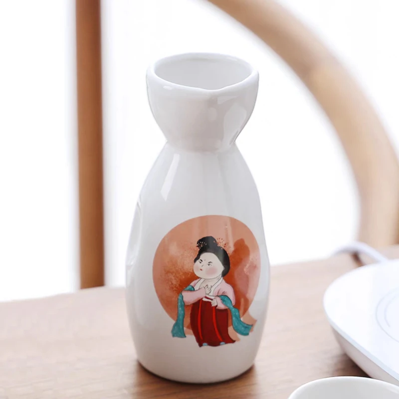 Ceramic Sake Set, 5pcs Princess Saki Set with 1 Sake Carafe 4 Sake Cups Soju Cup Tokurri Bottle 150ml