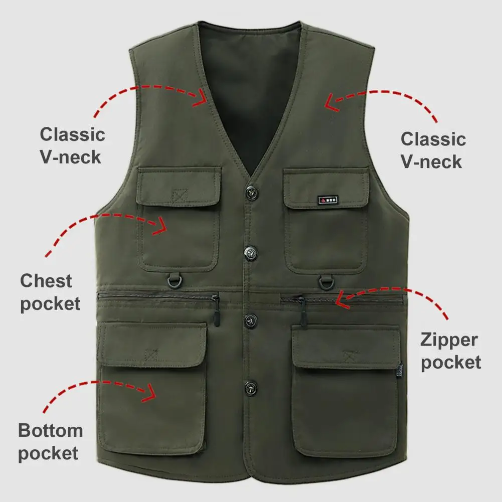 Men Waistcoat Single-breasted V-neck Workwear Style Vest with Multiple Pockets Casual Fashion Outdoor Fishing Vest Jacket