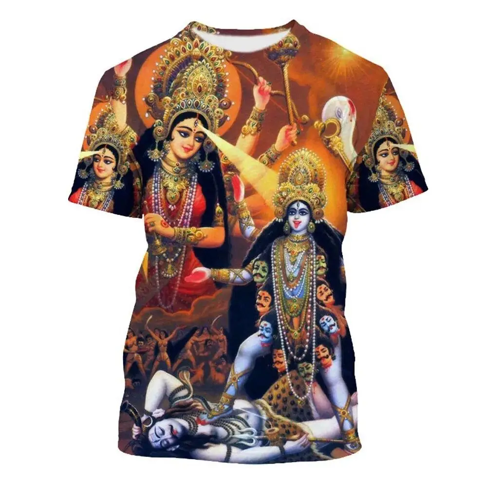 Men 3D Hindu Goddess Kali Durga Print T Shirt Religious Figure Graphic Crew Neck Short Sleeve Men Casual Tops