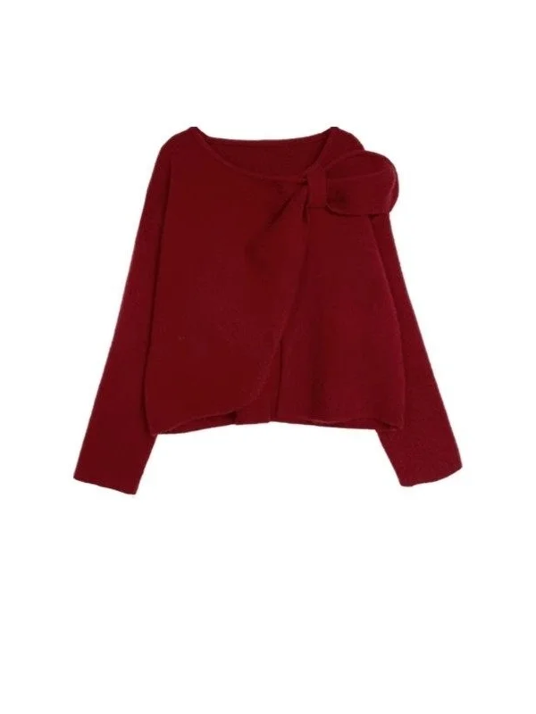 Nó vermelho solto longo sve camisola feminina inverno novo sle malha topo casual commute sle médio softn