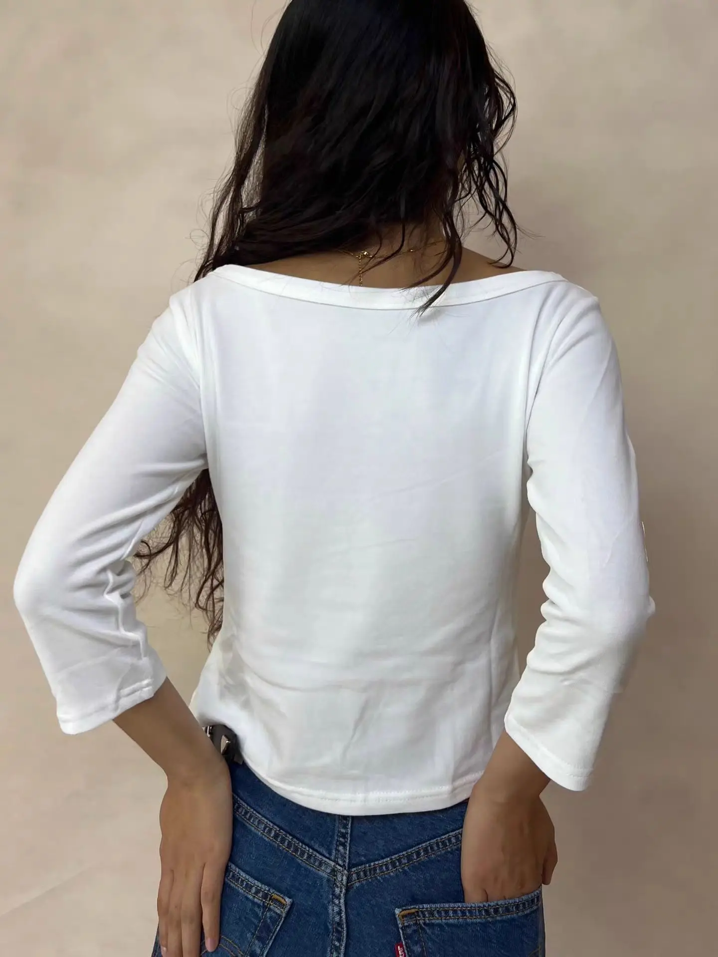 Solid Basic Three Quarter Sleeve T-shirts Woman Autumn Slash Neck Cotton Slim Crop Top Female Casual Simple All-match Tee Shirts image 5