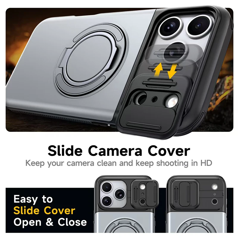 Funda para iPhone 18 Pro Max 13 14 15 16 17 con protección de lente E, ventana deslizante, placa trasera invisible, espacio para tarjetas y soporte giratorio