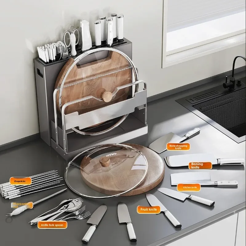 

Factory Kitchen Knife Holder Shelf Stainless Steel Multifunctional Kitchen Knife Holder Chopsticks Cutting Board Storage Shelf