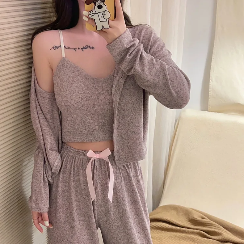 Comfortable Modal Three Pieces Set Autumn Winter Sleepwear Women Pajama Long Sleeve Trousers Suit Casual Nightwear Home Clothing