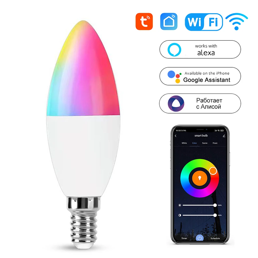 

Умная Wi-Fi лампа Tuya E14 (220В, 5Вт/7Вт/9Вт) с изменением цвета, светодиодная, для декора комнаты, работает с приложением Smart Life, Alexa и Google Home