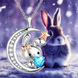 Collar con colgante de conejo de cristal azul creciente creativo para mujer, joyería de animales de dibujos animados, regalos de amor para fiesta de cumpleaños