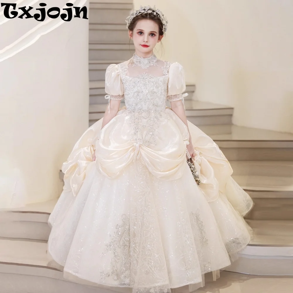 Exquisite Lace Beaded Kids Pageant Dress High neck Puff Sleeve Girls Princess Gown Wedding Guest Outfit Birthday Party Wear