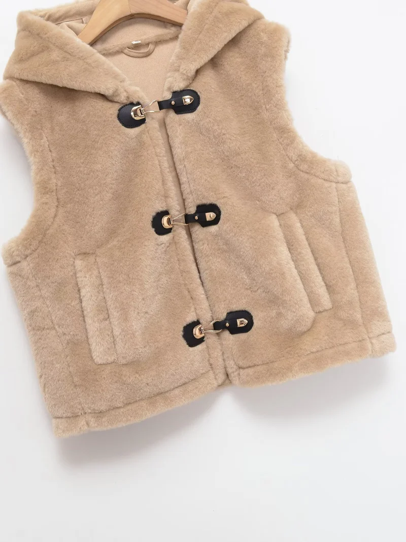 2025년 여성 가을/겨울 신상 패션 캐주얼 인조 모피 숏 헤어 슬리브리스 재킷 후드 베스트 코트