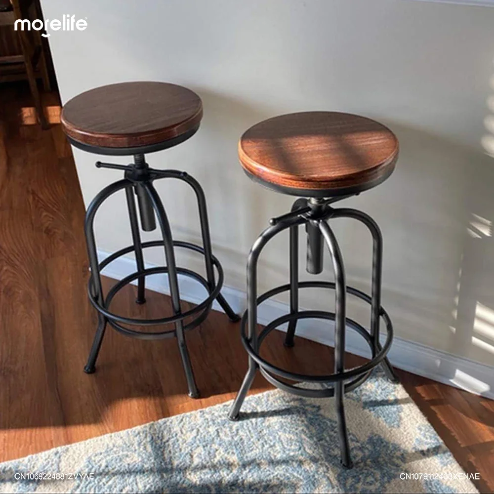 Industrial Style Iron Art Bar Chairs Living Room Creative Counter Stools Raised Lowered Solid Wood High Legged Stool Furniture