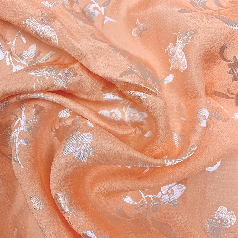 

1 meter 100% Mulberry Silk 19 momme Heavy Jacquard Silk Fabric Orange Color 114cm 45" wide by the yard JX206