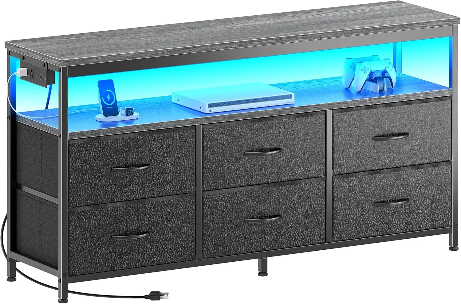 LED TV Stand for Bedroom, 47 Inch Dresser with Power Outlets, Entertainment Center for 55, 50, 43 Inch TV, 6 Drawer Dresser