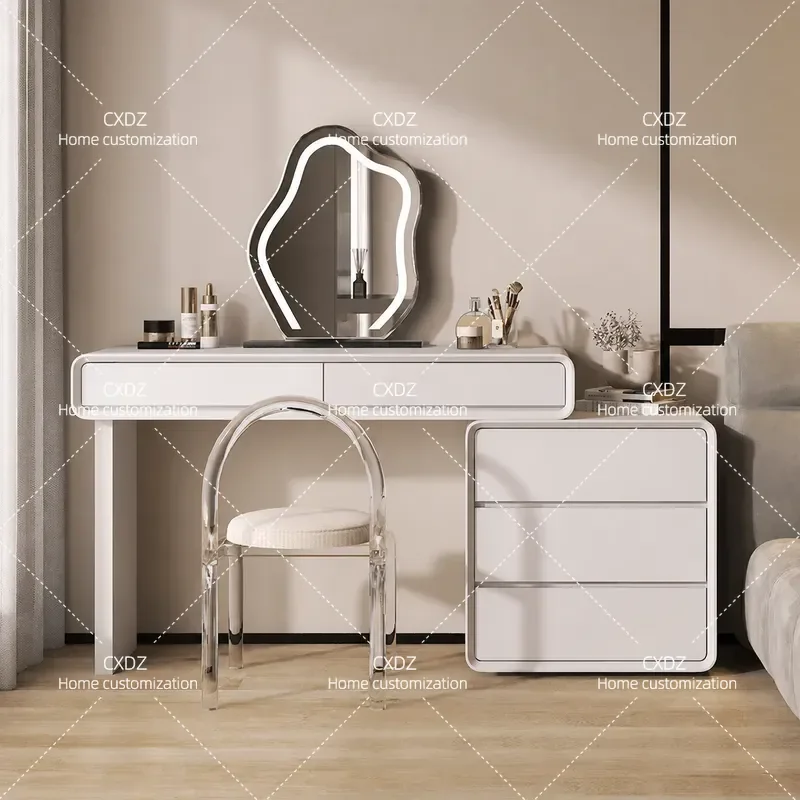 Italian Minimalist Cream Style Dresser with Makeup Table and Storage Cabinet Light Luxury Bedroom Chest of Drawers Integrated