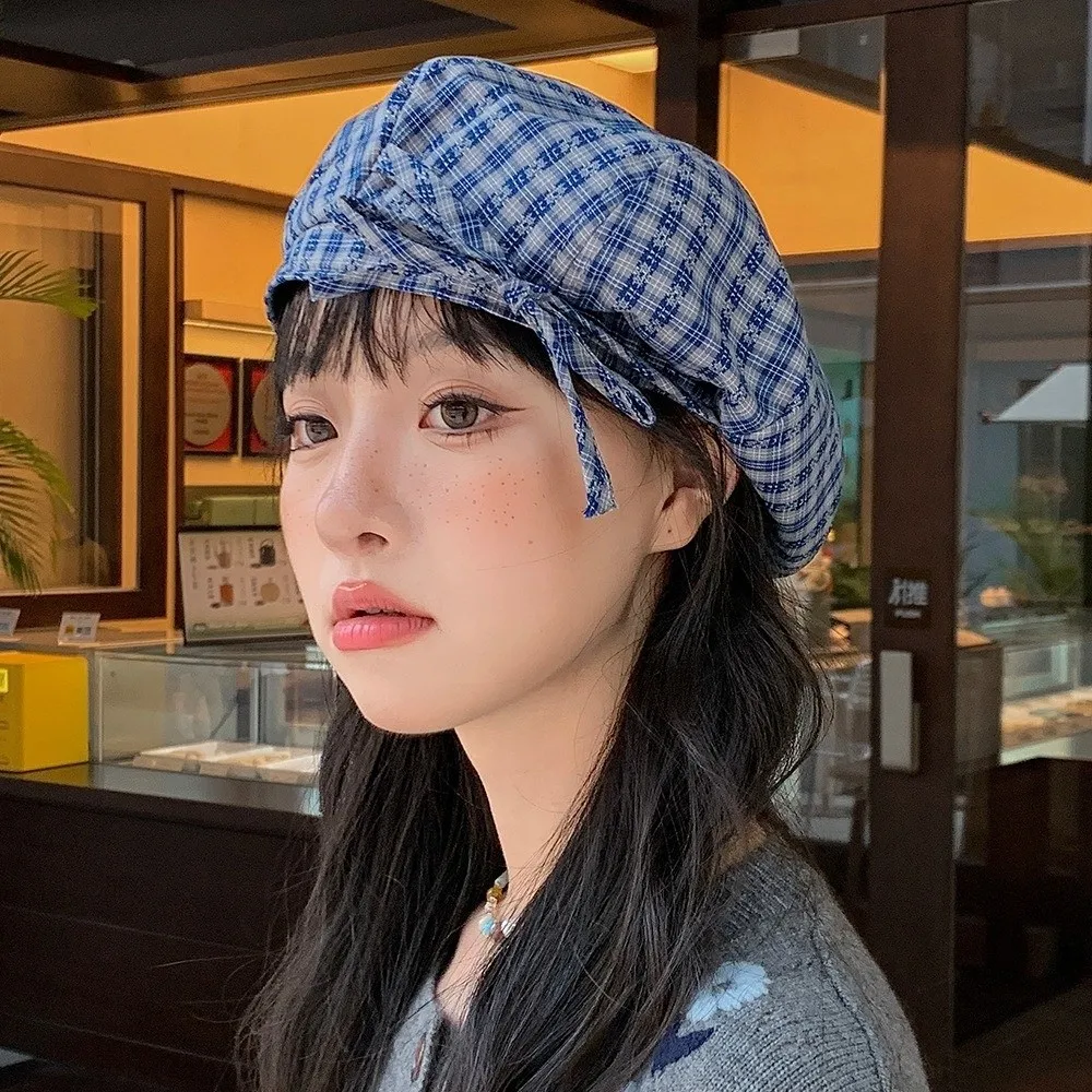 

Kawaii Bow Plaid Beret Hat Korean Style Lattice Women Painter Hat Cloud Hat Keep Warm Women Octagonal Cap All-match