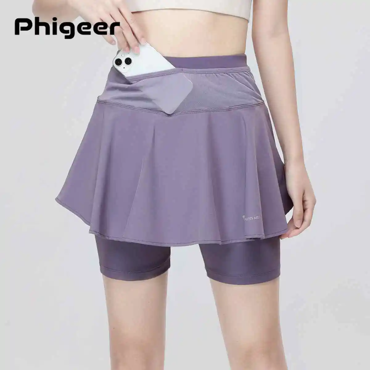 PHIGEER Women's Tennis Skirts, High Waisted 2 in 1 Sports Skirt with Pockets , Athletic Skorts for Running Badminton, Golf Wear